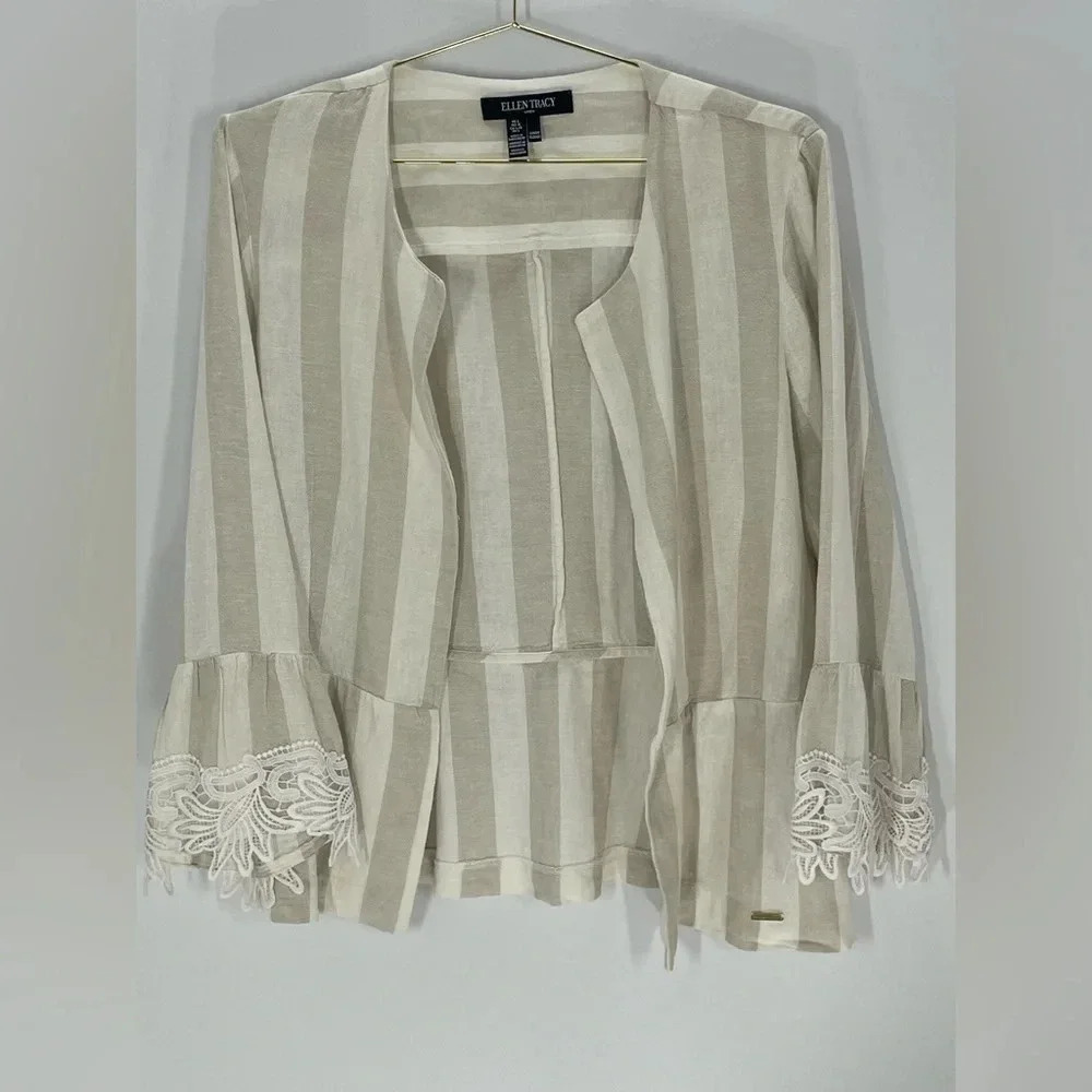 Ellen Tracy Linen Blend Lace Lagenlook Beachy Boho Open Front Kimono Top